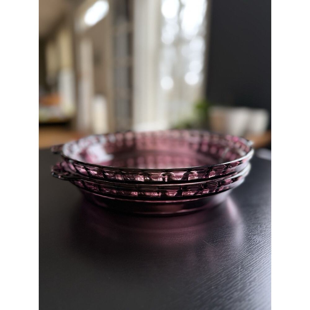 Set Of 2 Vintage Pyrex Cranberry Deep Dish Pie Plate 9” Glass Baking Dish - Picture 2 of 7